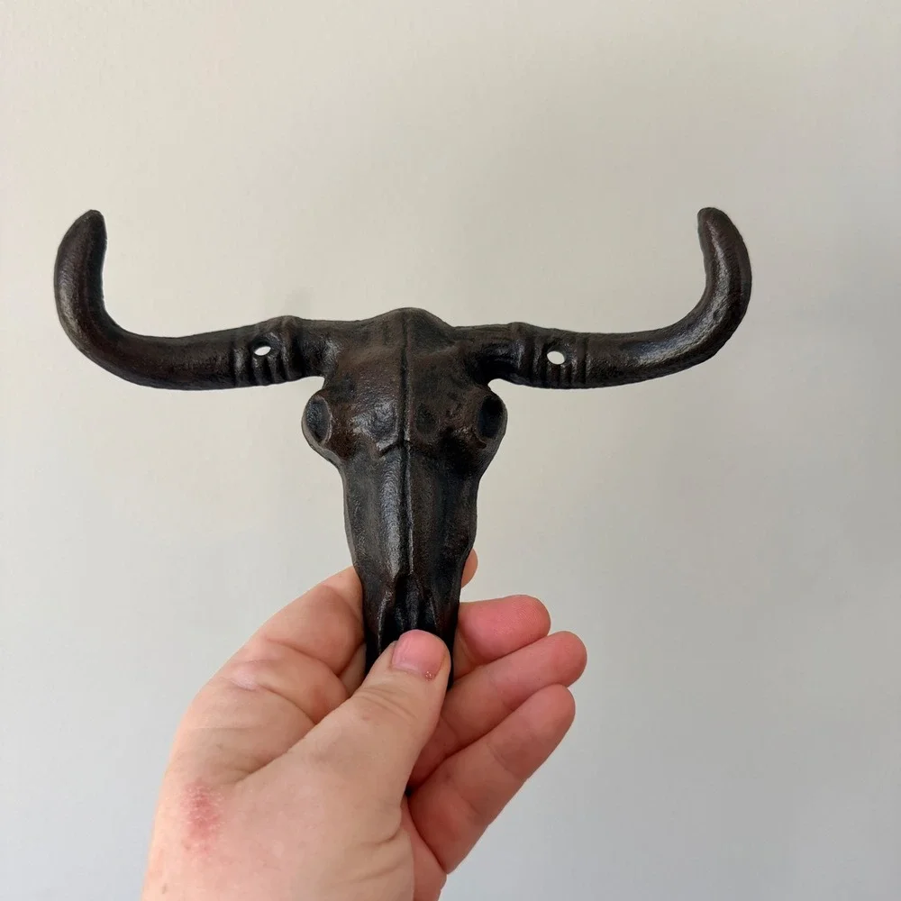 Bull Skull Metal Wall Hook Rustic Western Cowboy Ranch Southwestern Decor
